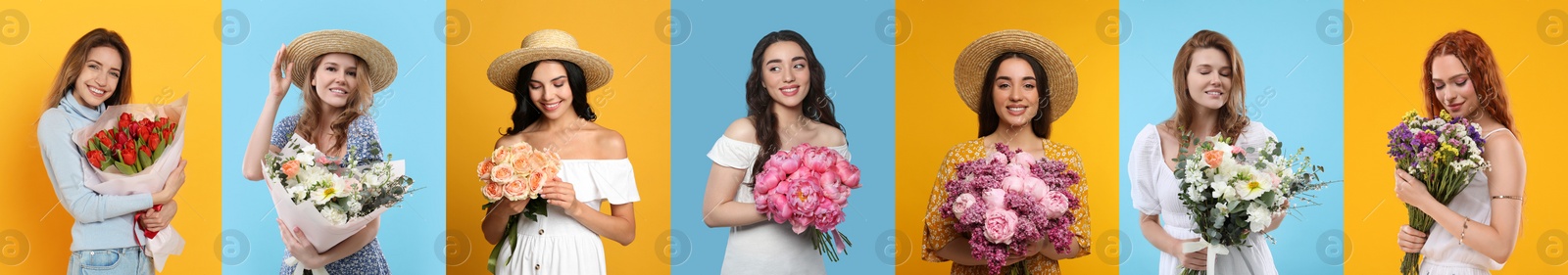 Image of 8 March - Happy Women's Day. Charming ladies with beautiful flowers on different colors backgrounds, collage