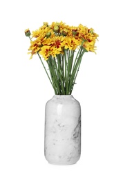 Photo of Marble vase with beautiful chrysanthemum flowers isolated on white