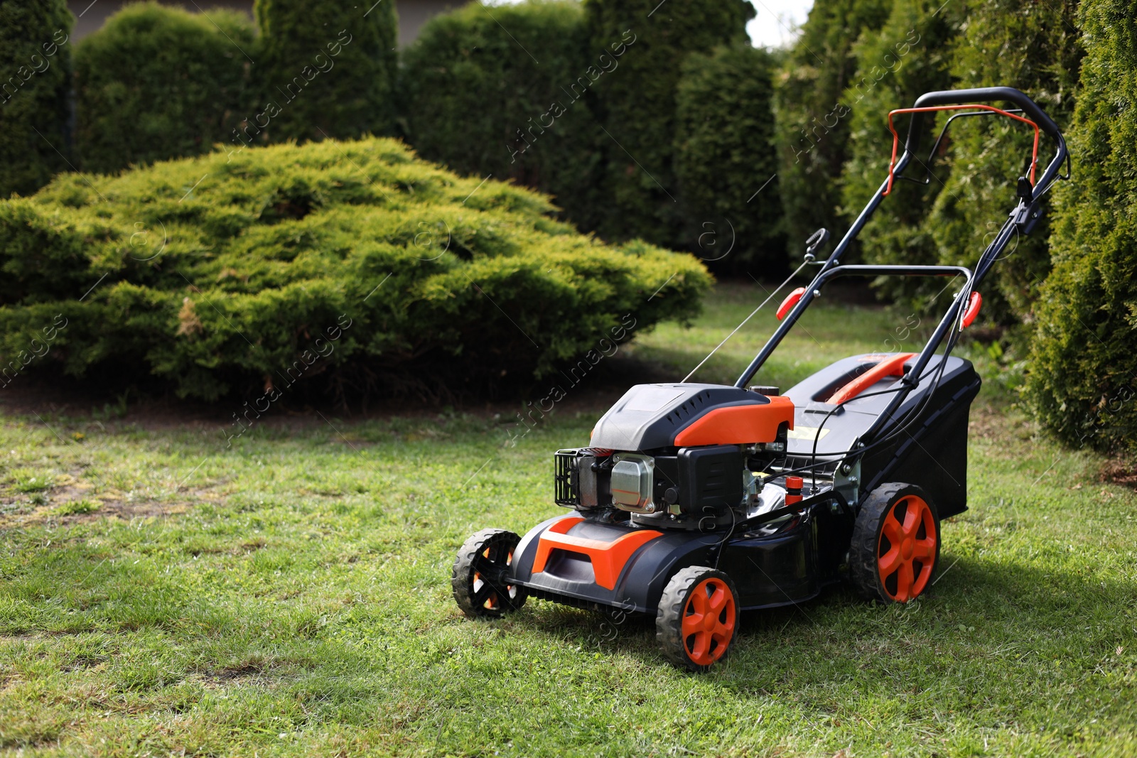 Photo of Modern lawn mower on green grass in garden