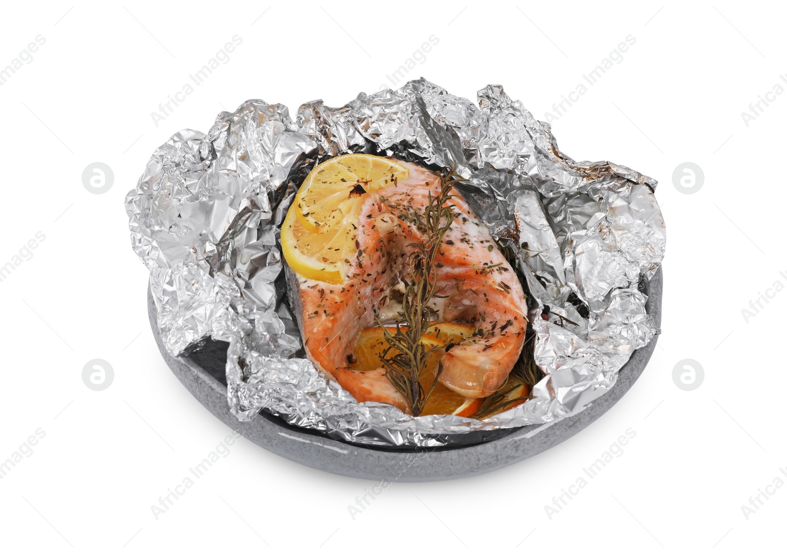 Photo of Tasty salmon baked in foil with lemon, spices and rosemary isolated on white