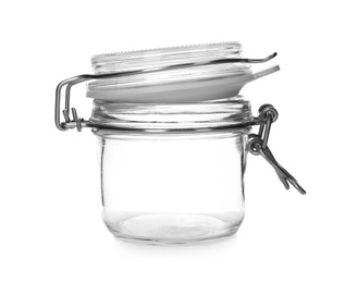 Photo of Empty glass jar on white background