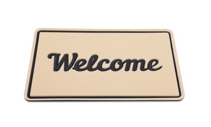 Photo of Beige doormat with word Welcome isolated on white