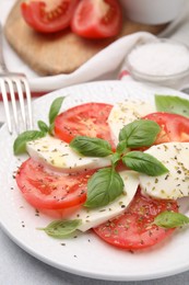 Photo of Plate of delicious Caprese salad with herbs on table, closeup