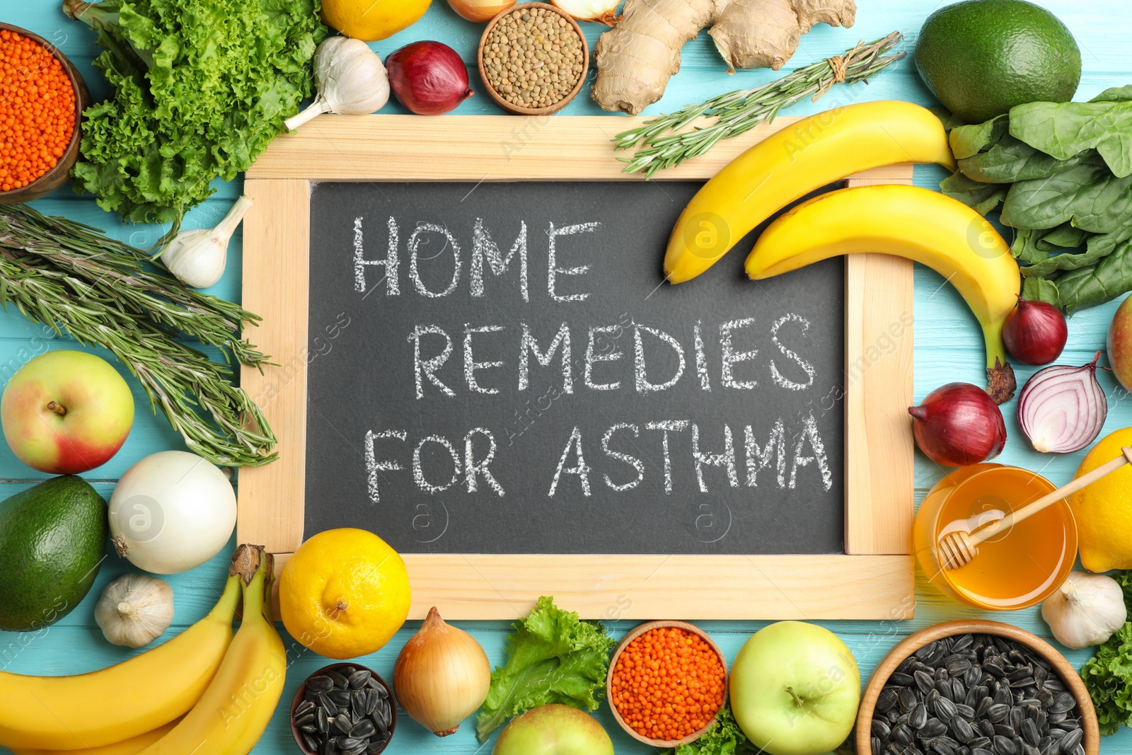 Photo of Natural products and board with text HOME REMEDIES FOR ASTHMA on color background, flat lay