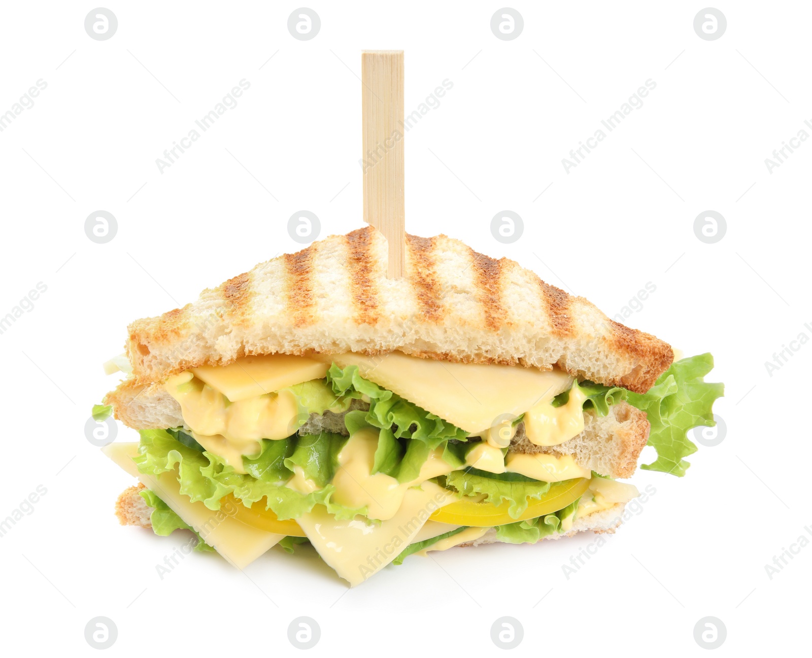 Photo of Tasty sandwich with cheese isolated on white