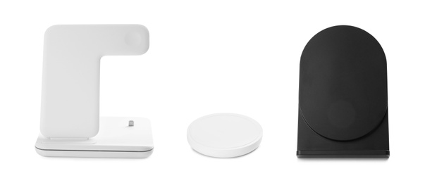 Image of Collage with wireless chargers on white background