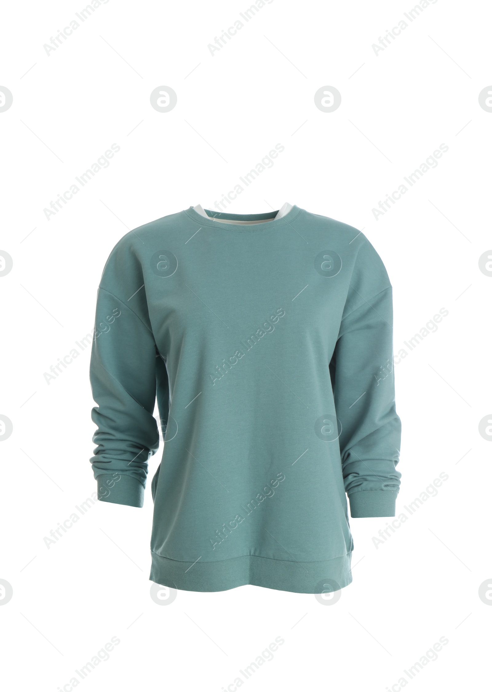 Photo of Stylish sweater on mannequin against white background. Trendy clothes