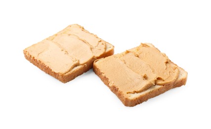 Photo of Tasty peanut butter sandwiches on white background
