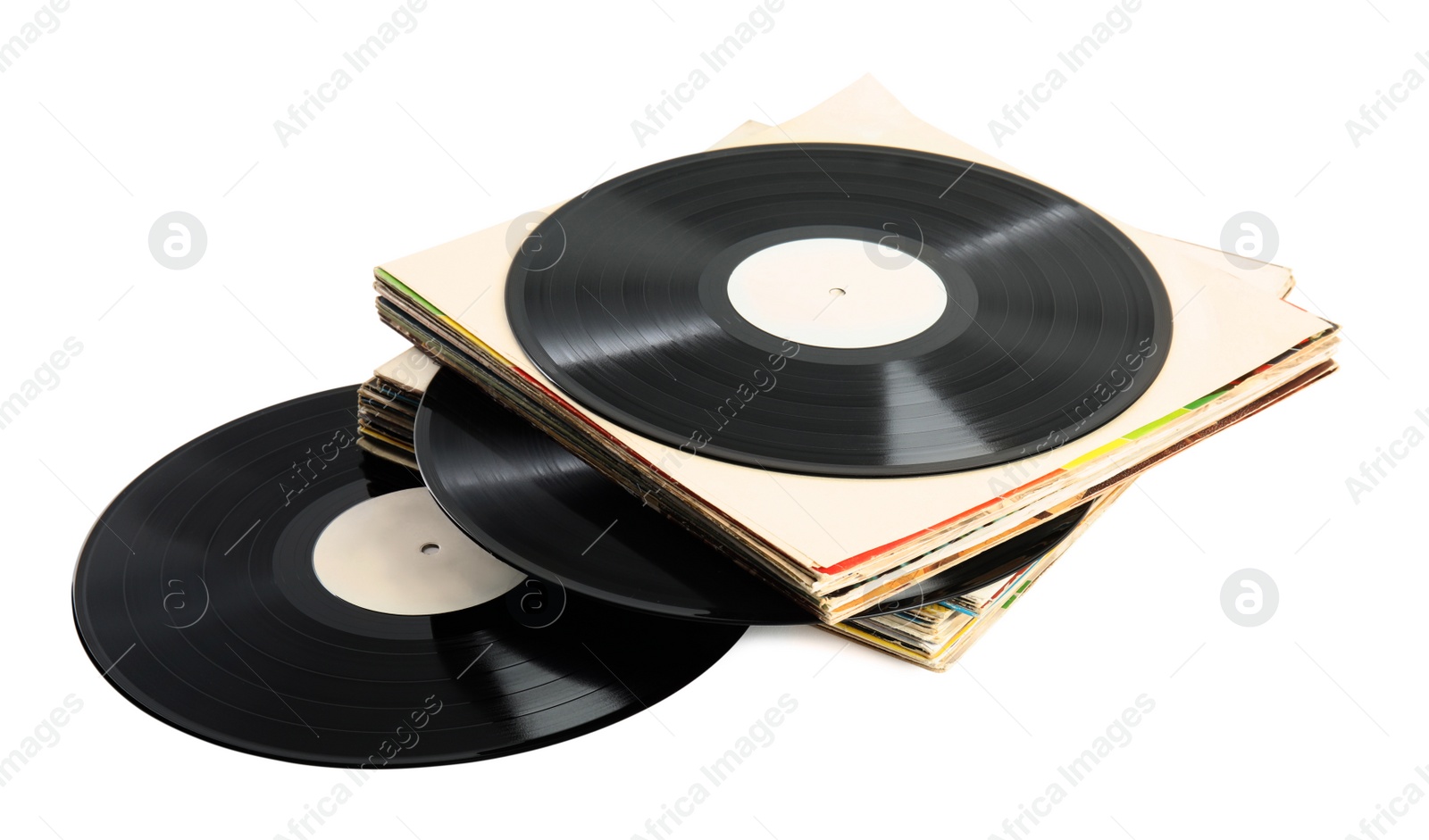 Photo of Stack of vintage vinyl records on white background