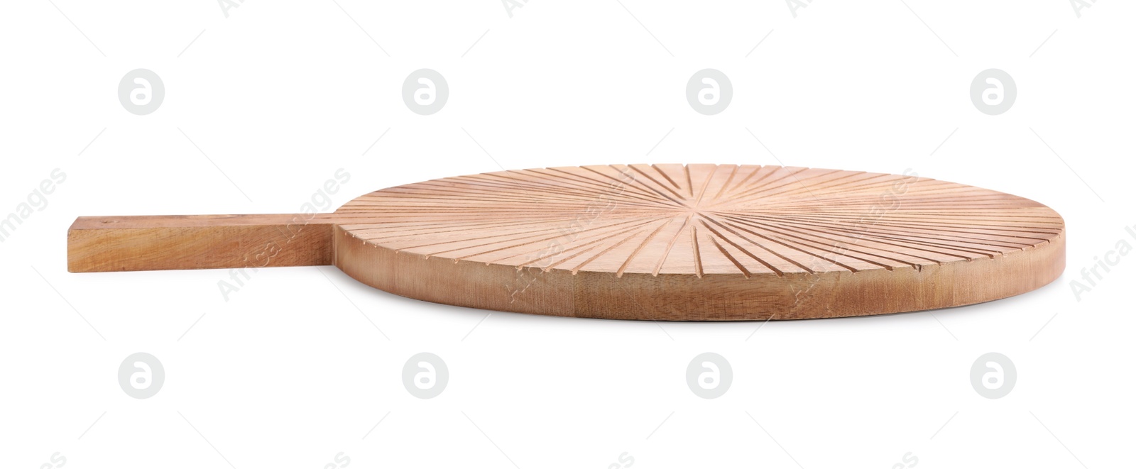 Photo of Round wooden cutting board isolated on white