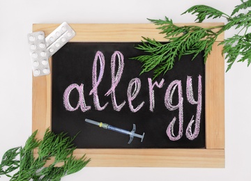 Photo of Ragweed (Ambrosia), medication and chalkboard with word ALLERGY on light blue background, flat lay