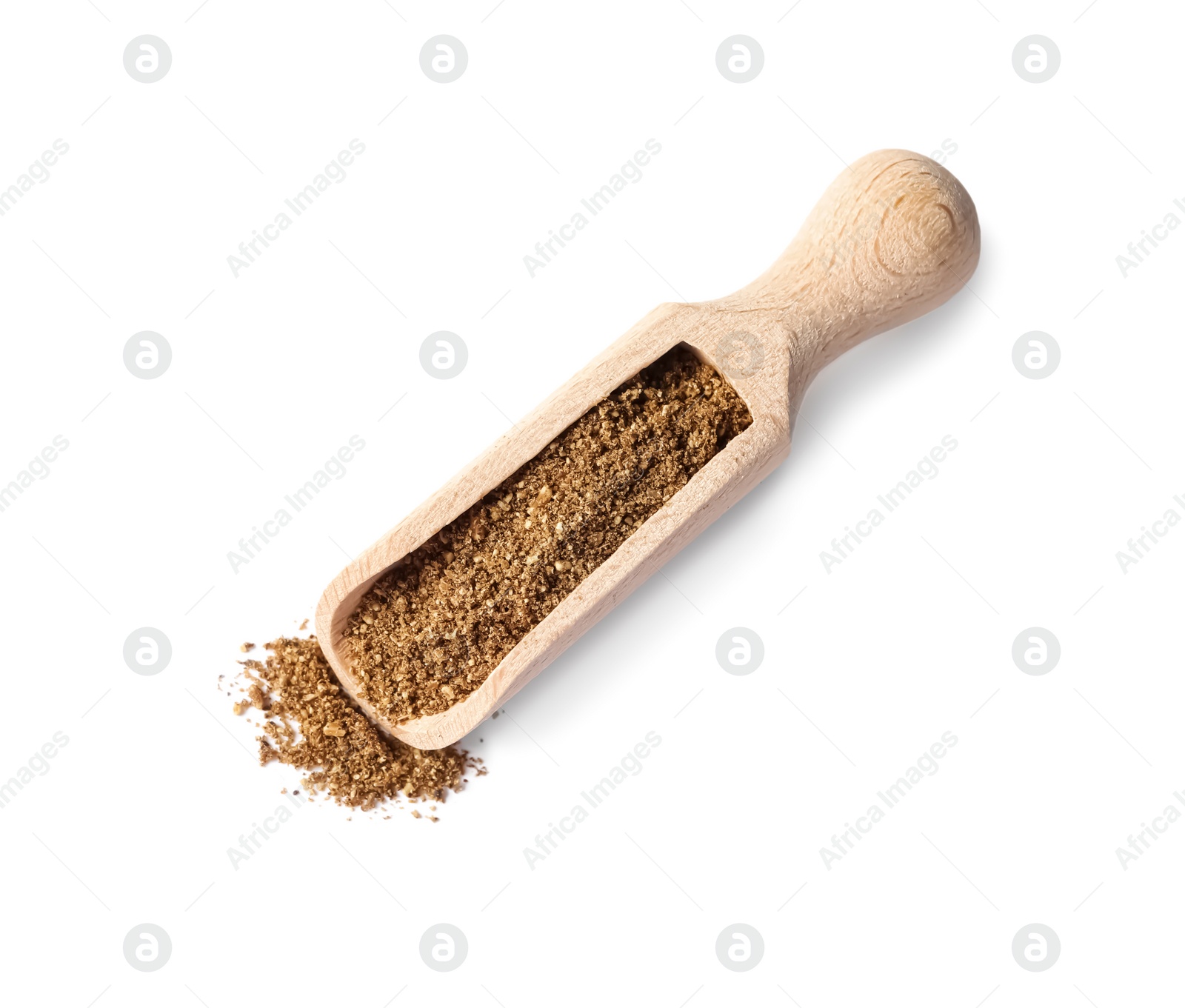 Photo of Scoop of aromatic caraway (Persian cumin) powder isolated on white, top view