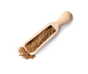 Photo of Scoop of aromatic caraway (Persian cumin) powder isolated on white, top view