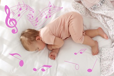 Image of Lullaby songs. Cute little baby sleeping on bed, above view. Illustration of flying music notes around child