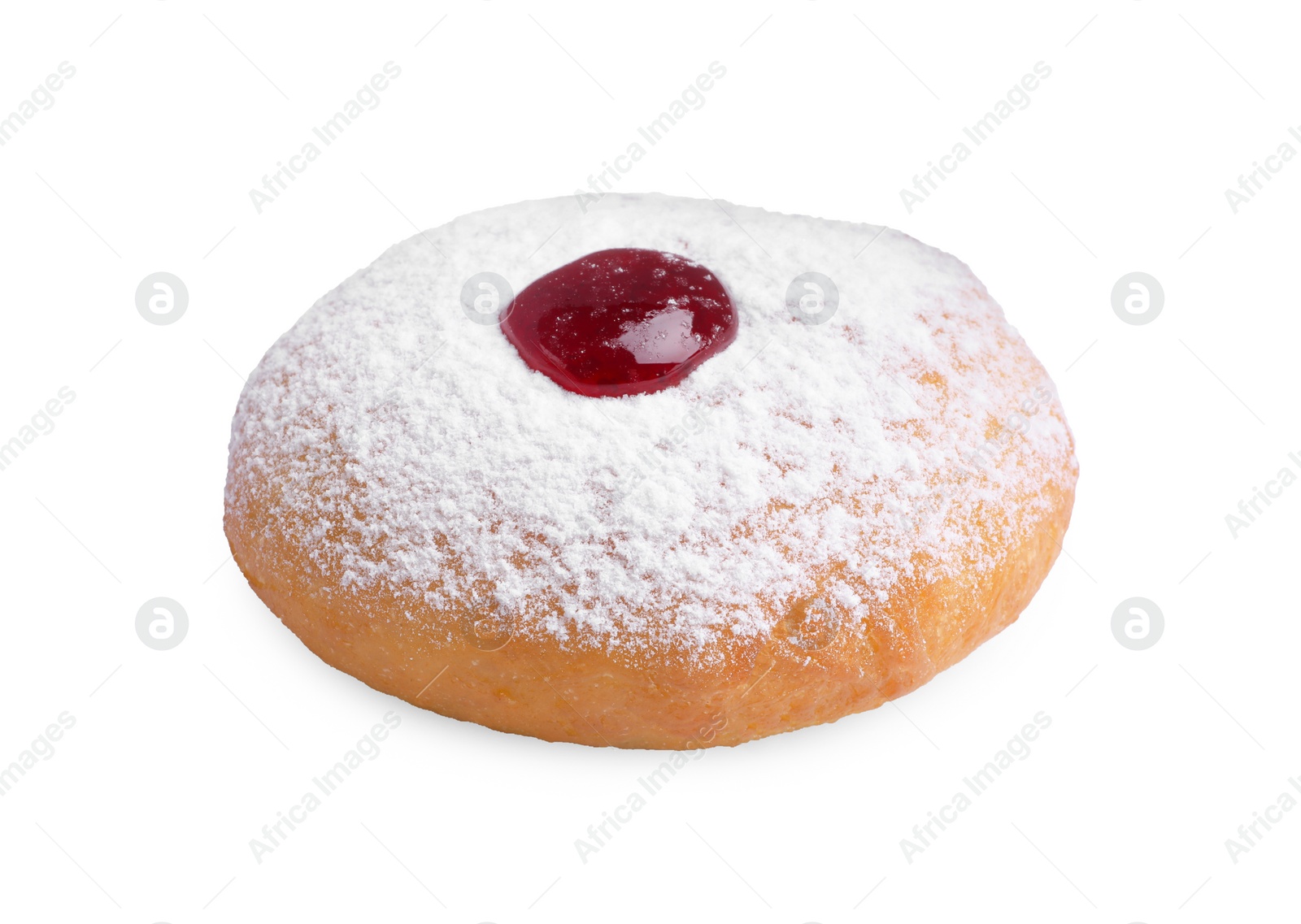 Photo of Hanukkah donut with jelly and powdered sugar isolated on white