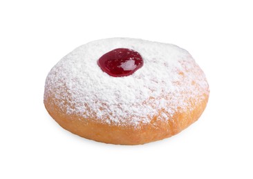 Photo of Hanukkah donut with jelly and powdered sugar isolated on white