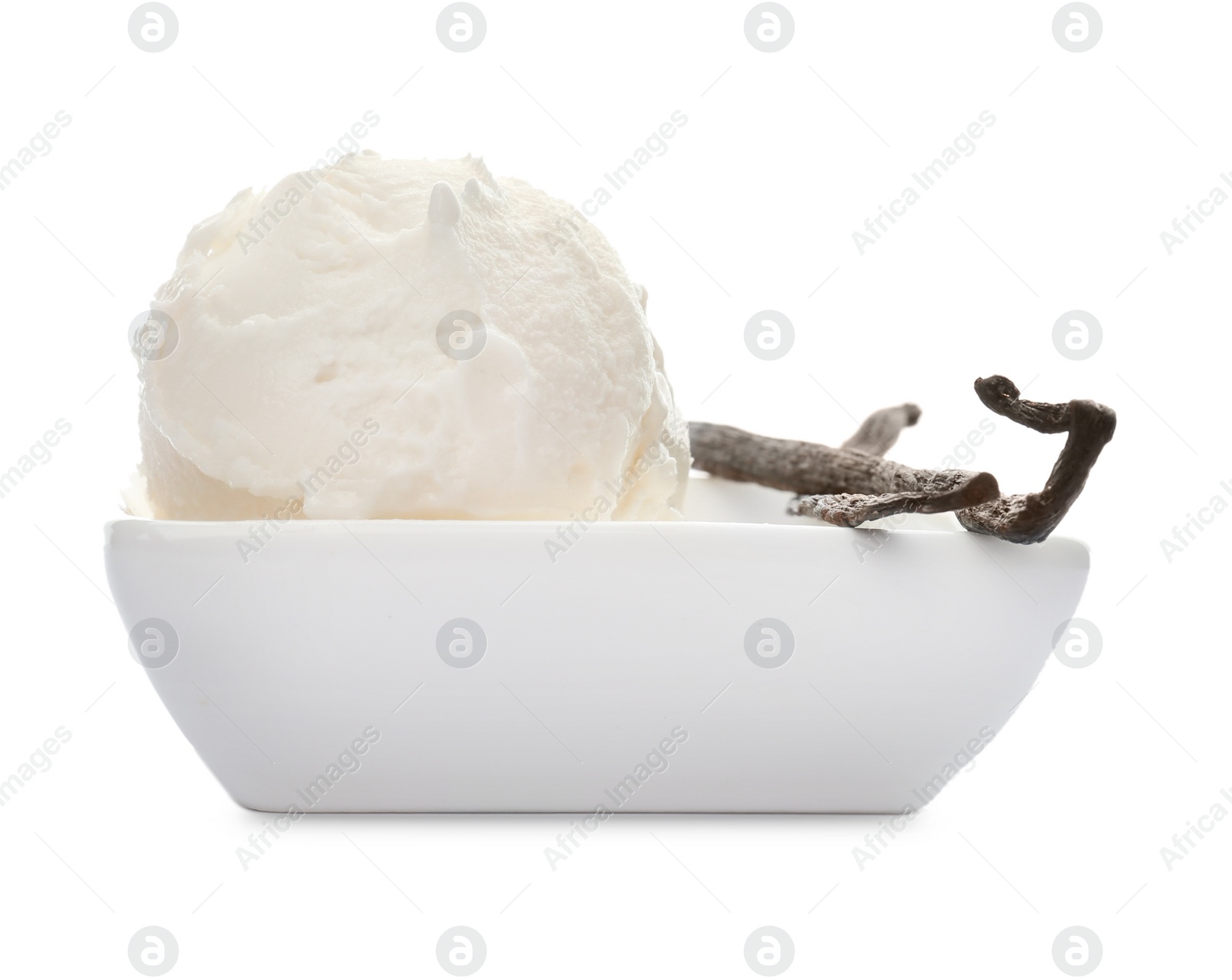 Photo of Bowl with delicious vanilla ice cream and pods on white background