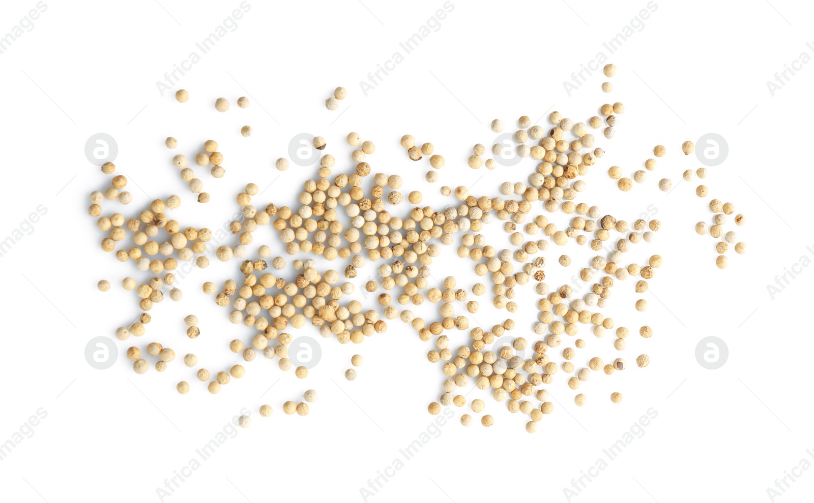 Photo of Pepper grains on white background, top view. Natural spice