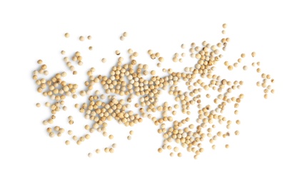 Photo of Pepper grains on white background, top view. Natural spice