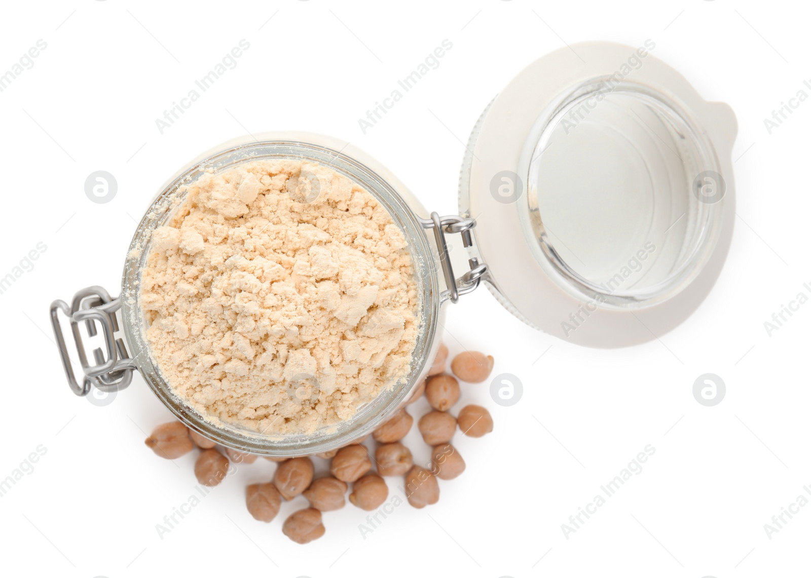 Photo of Chickpea flour in glass jar and seeds isolated on white, top view