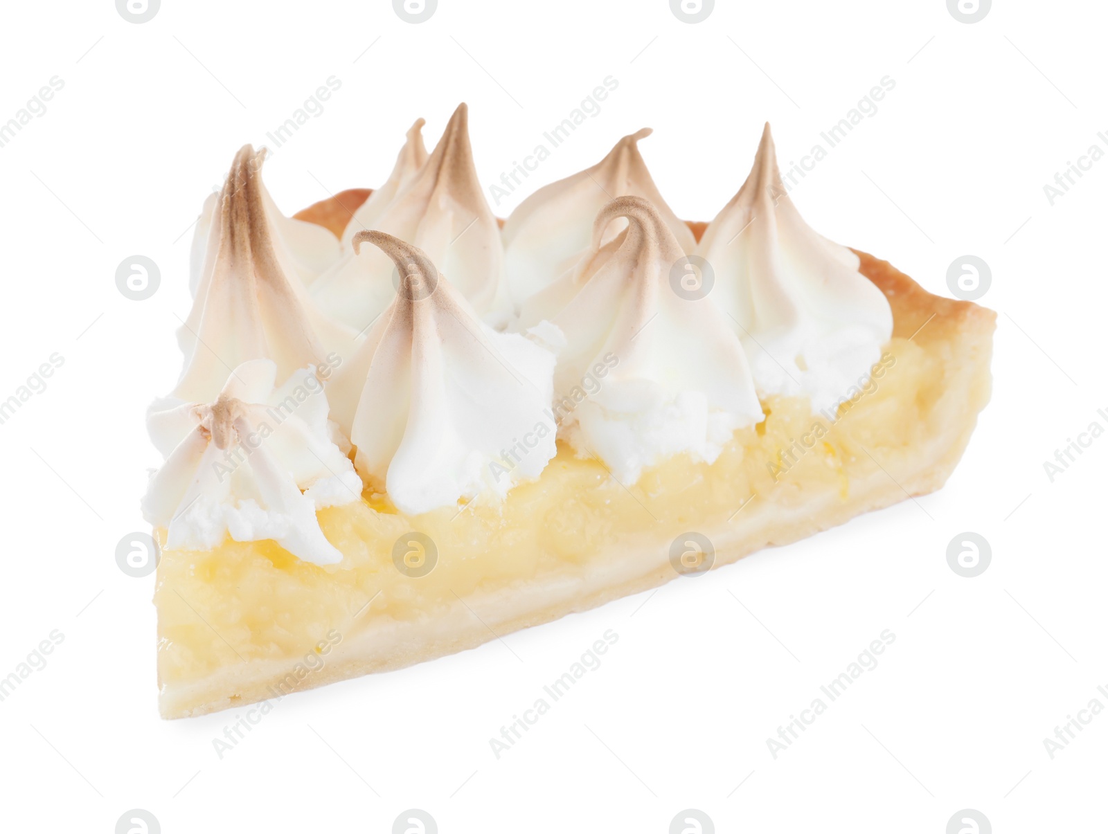 Photo of Piece of delicious lemon meringue pie isolated on white