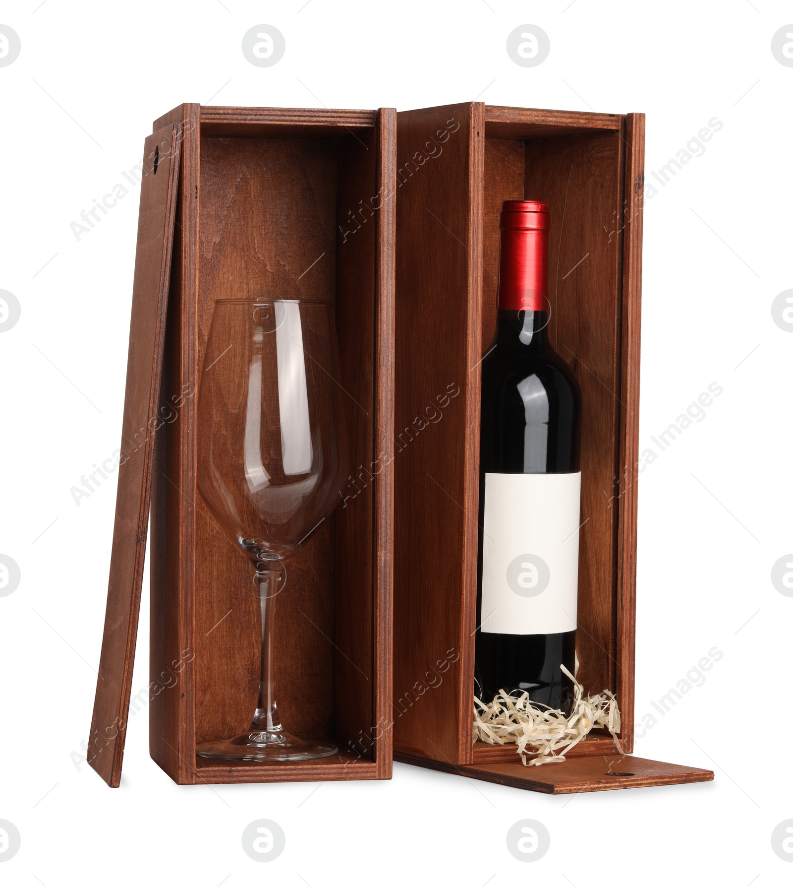 Photo of Wooden gift boxes with wine and glass isolated on white