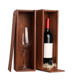 Wooden gift boxes with wine and glass isolated on white