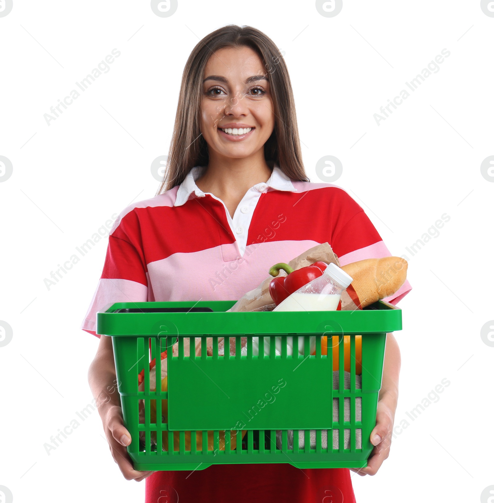 Photo of Young woman with shopping basket isolated on white