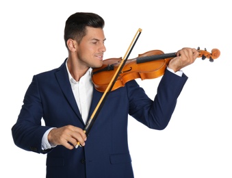 Photo of Happy man playing violin on white background