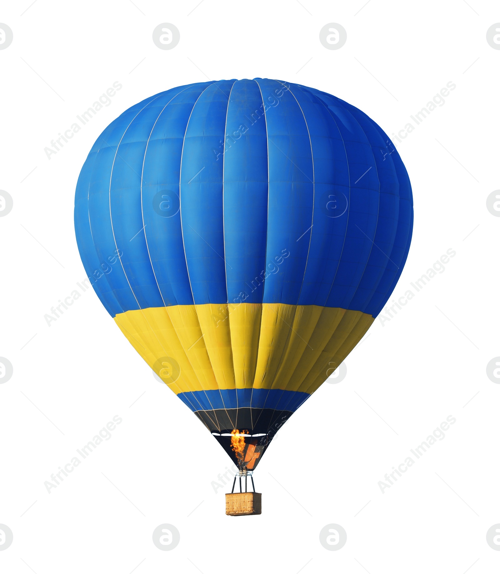 Image of Bright hot-air balloon with wicker basket on white background