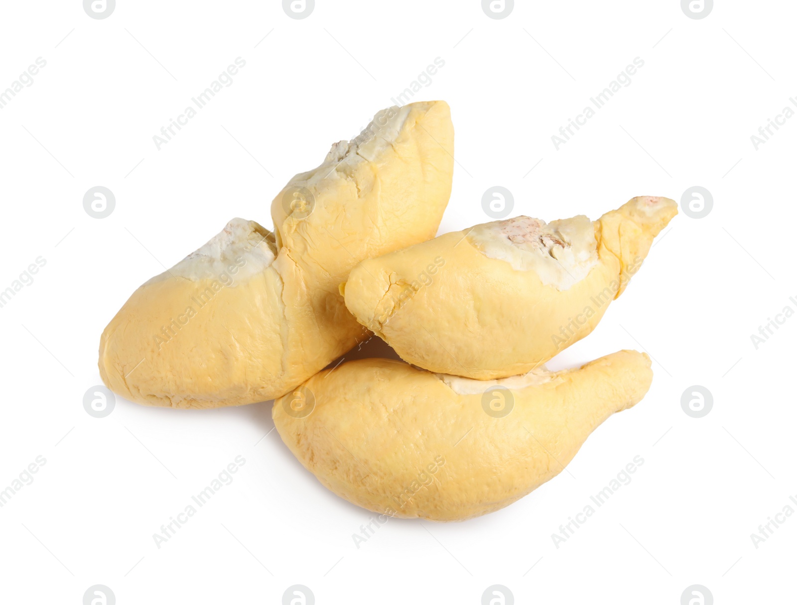 Photo of Pieces of fresh ripe durian on white background, top view