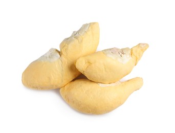 Photo of Pieces of fresh ripe durian on white background, top view