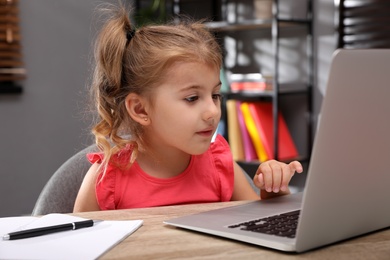 Cute little girl doing homework with laptop at table