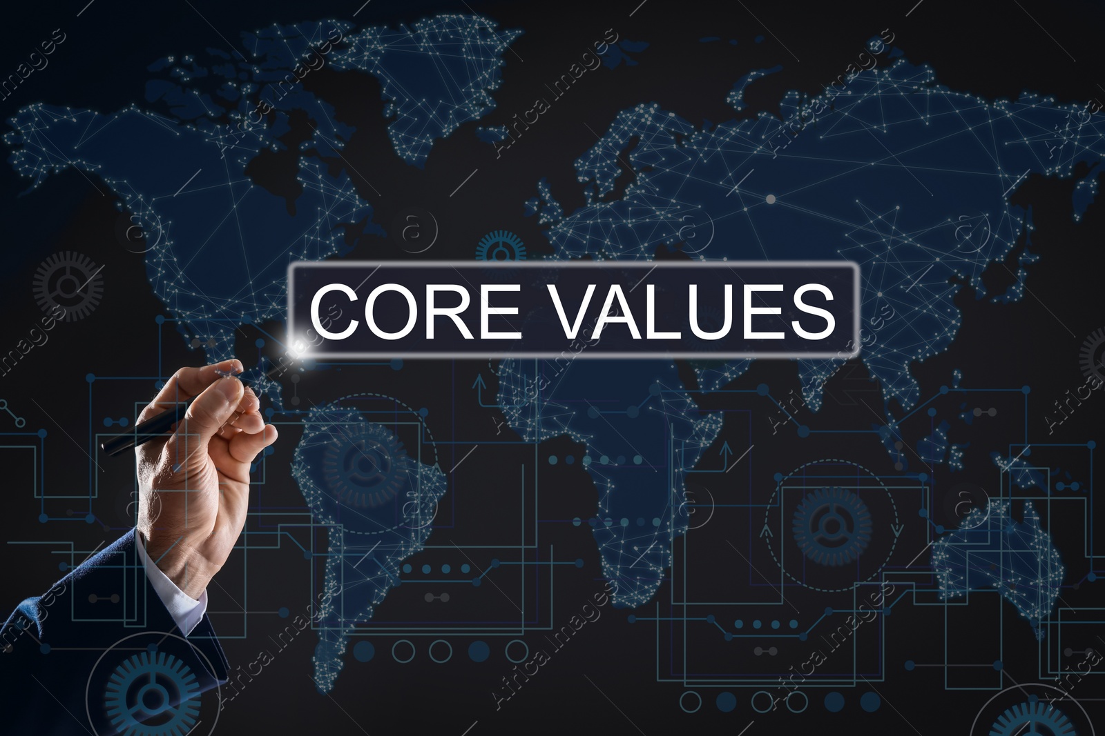 Image of Core values concept. Businessman using virtual screen