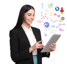 Image of Startup concept. Businesswoman with tablet on white background