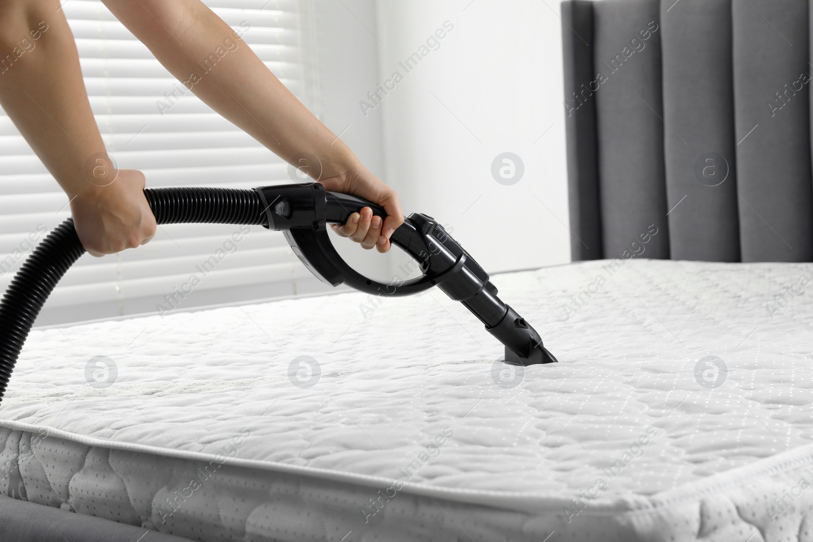 Photo of Woman disinfecting mattress with vacuum cleaner indoors, closeup