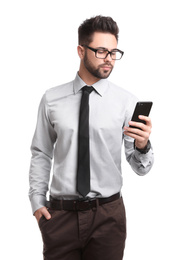 Photo of Young businessman with smartphone on white background