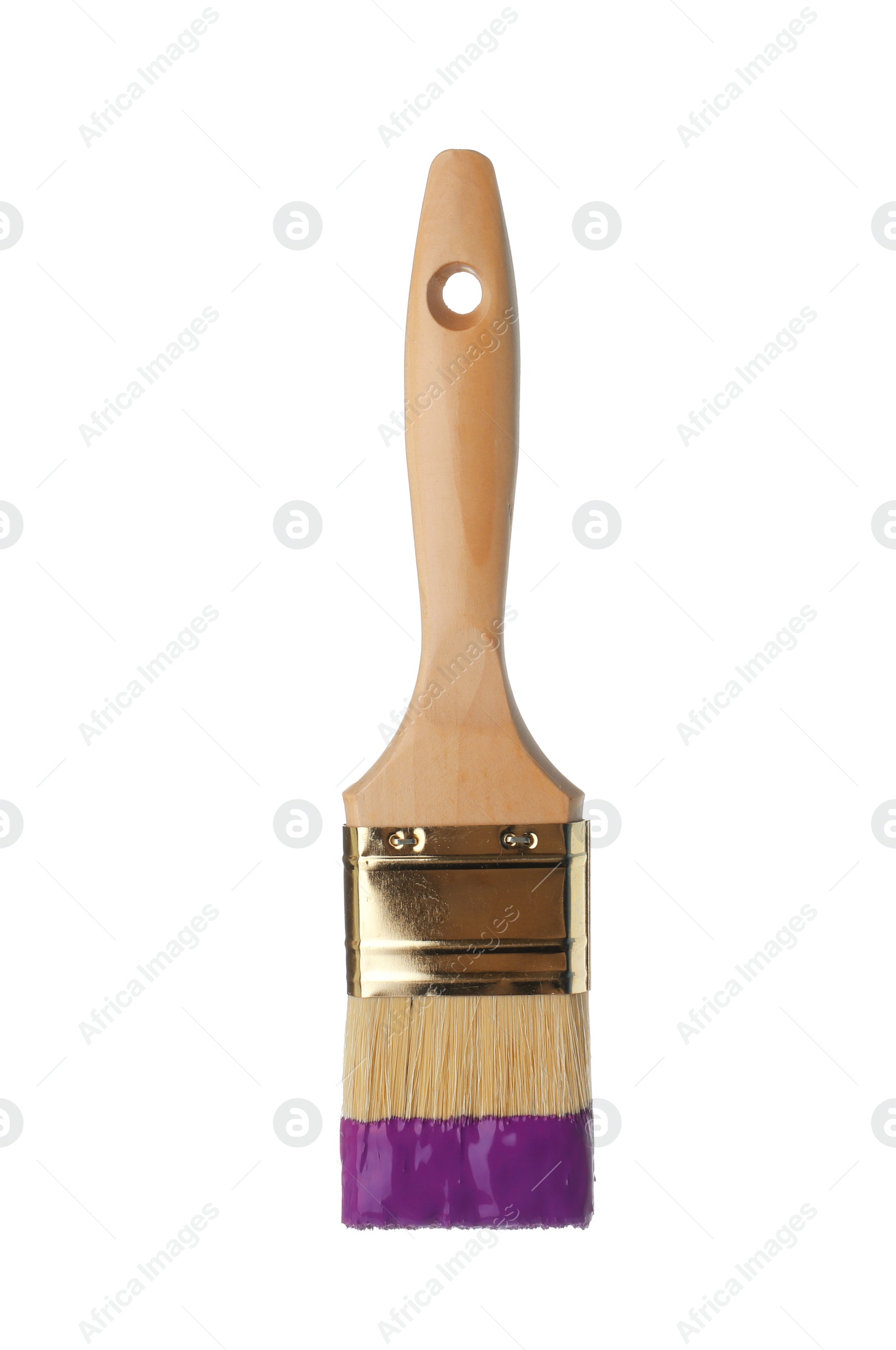 Photo of Brush with purple paint on white background