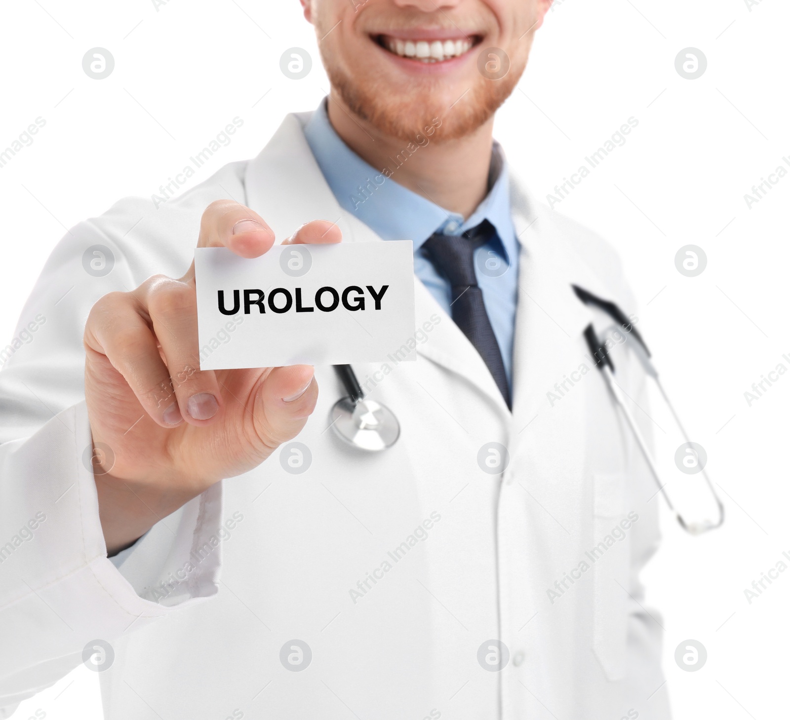 Photo of Male doctor holding card with word UROLOGY on white background, closeup