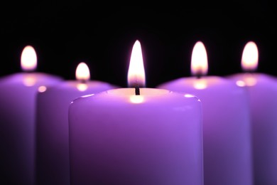 Image of Beautiful burning violet candles on black background, closeup. Funeral attributes