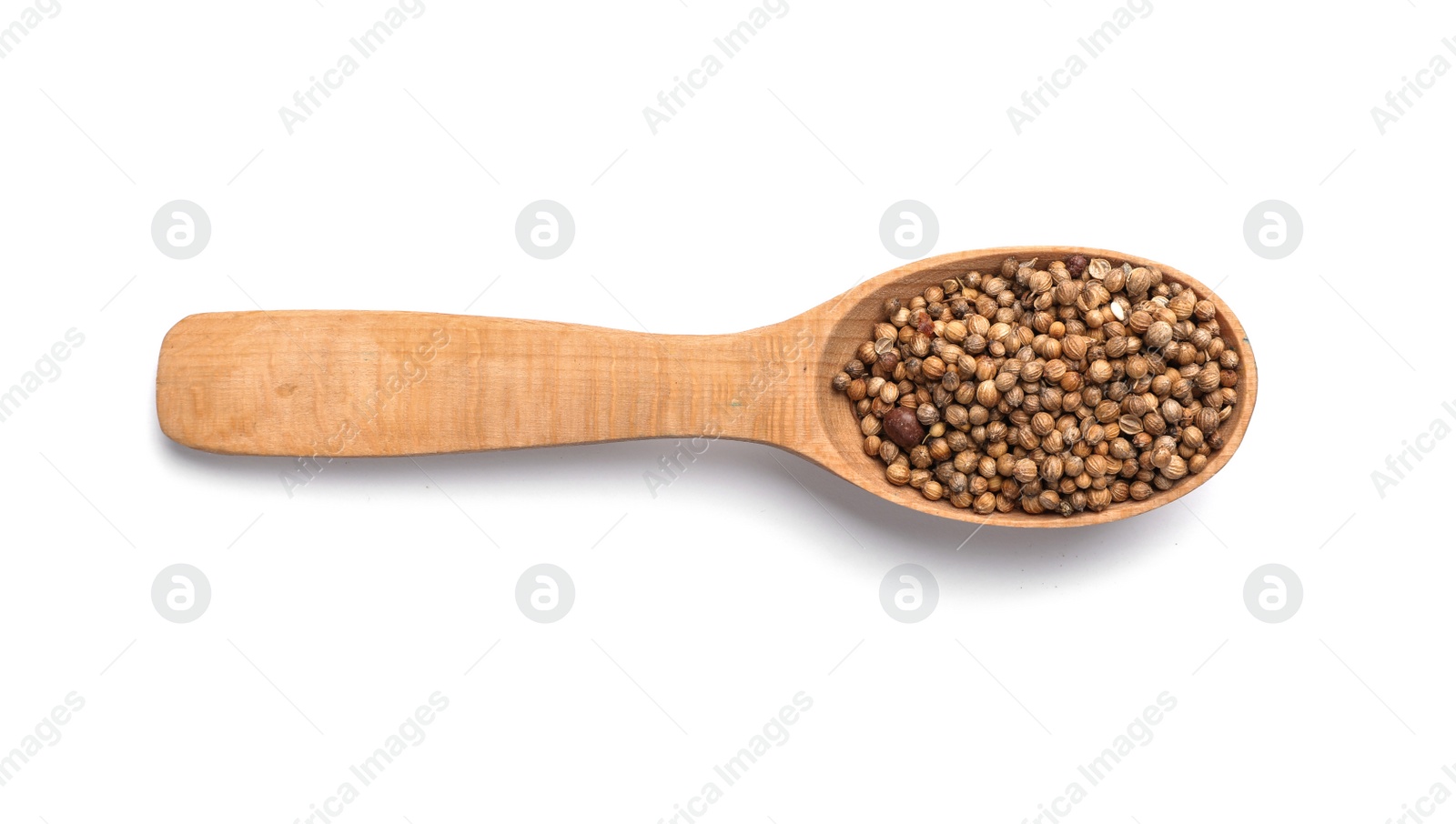 Photo of Wooden spoon with coriander on white background. Different spices