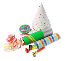 Photo of Party crackers and different festive items isolated on white