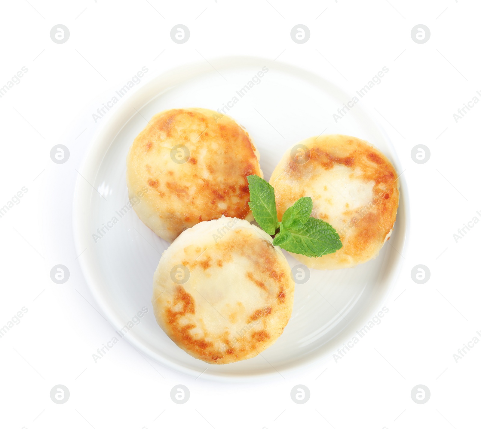 Photo of Delicious cottage cheese pancakes with mint isolated on white, top view