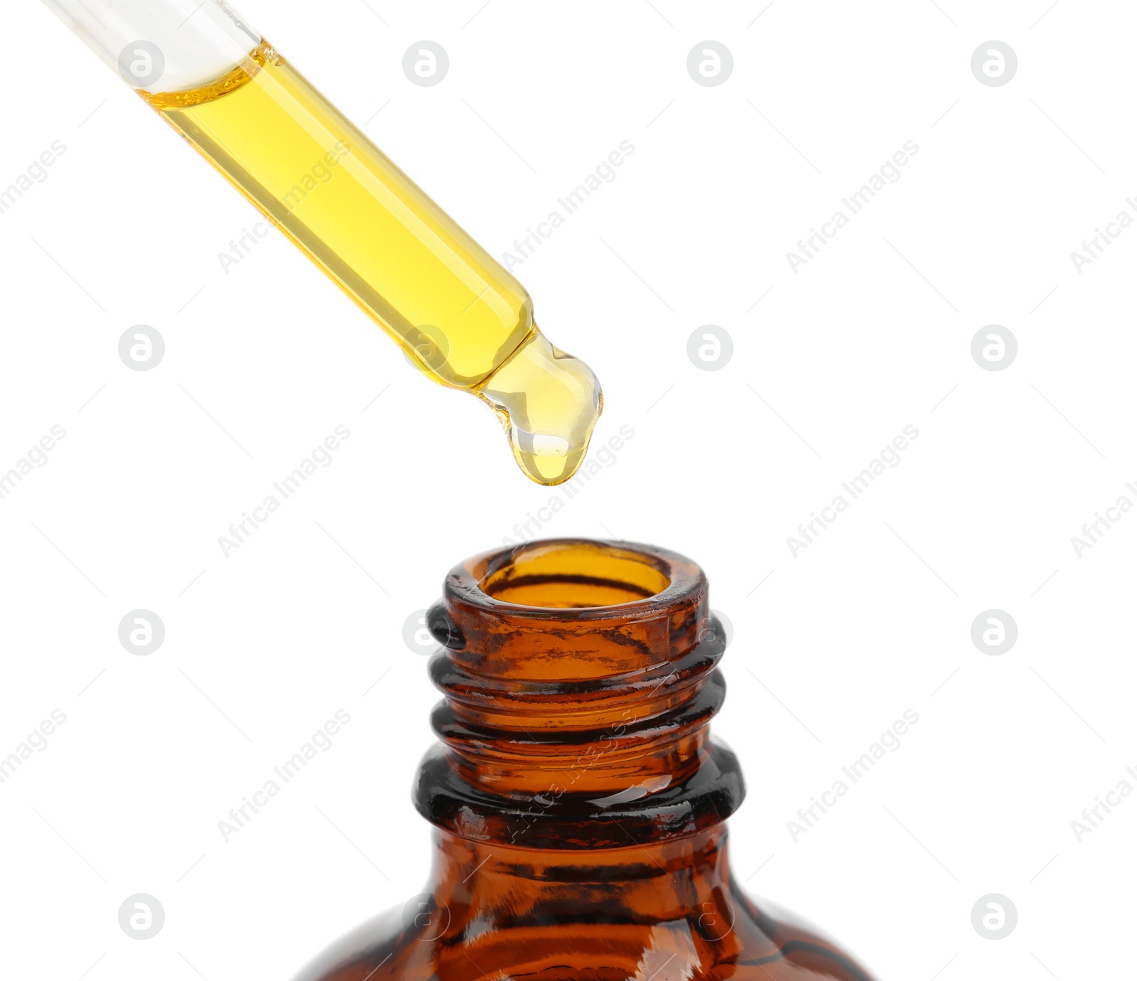 Photo of Dripping tincture from pipette into bottle isolated on white