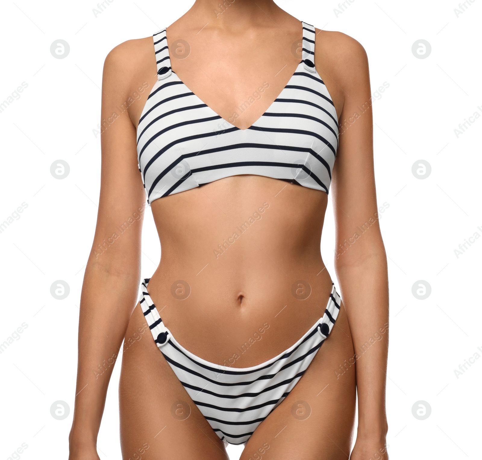 Photo of Sexy young woman in stylish swimsuit isolated on white, closeup. Beach body goal