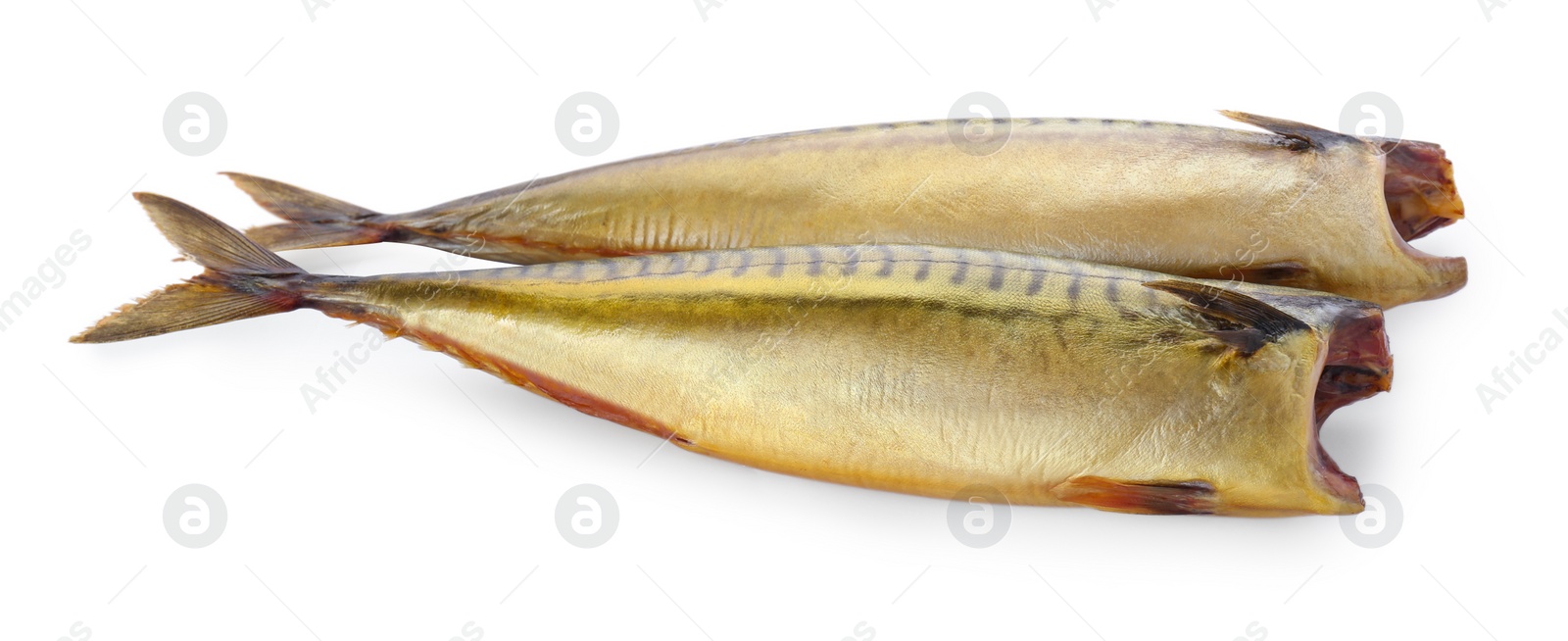 Photo of Delicious smoked mackerels isolated on white.
Seafood product