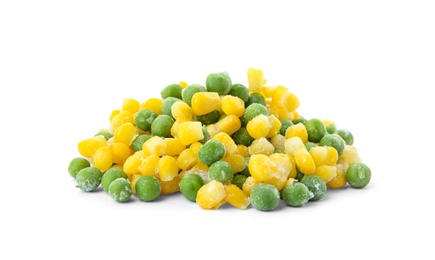 Frozen corn and peas on white background. Vegetable preservation