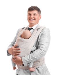 Father holding his child in baby carrier on white background