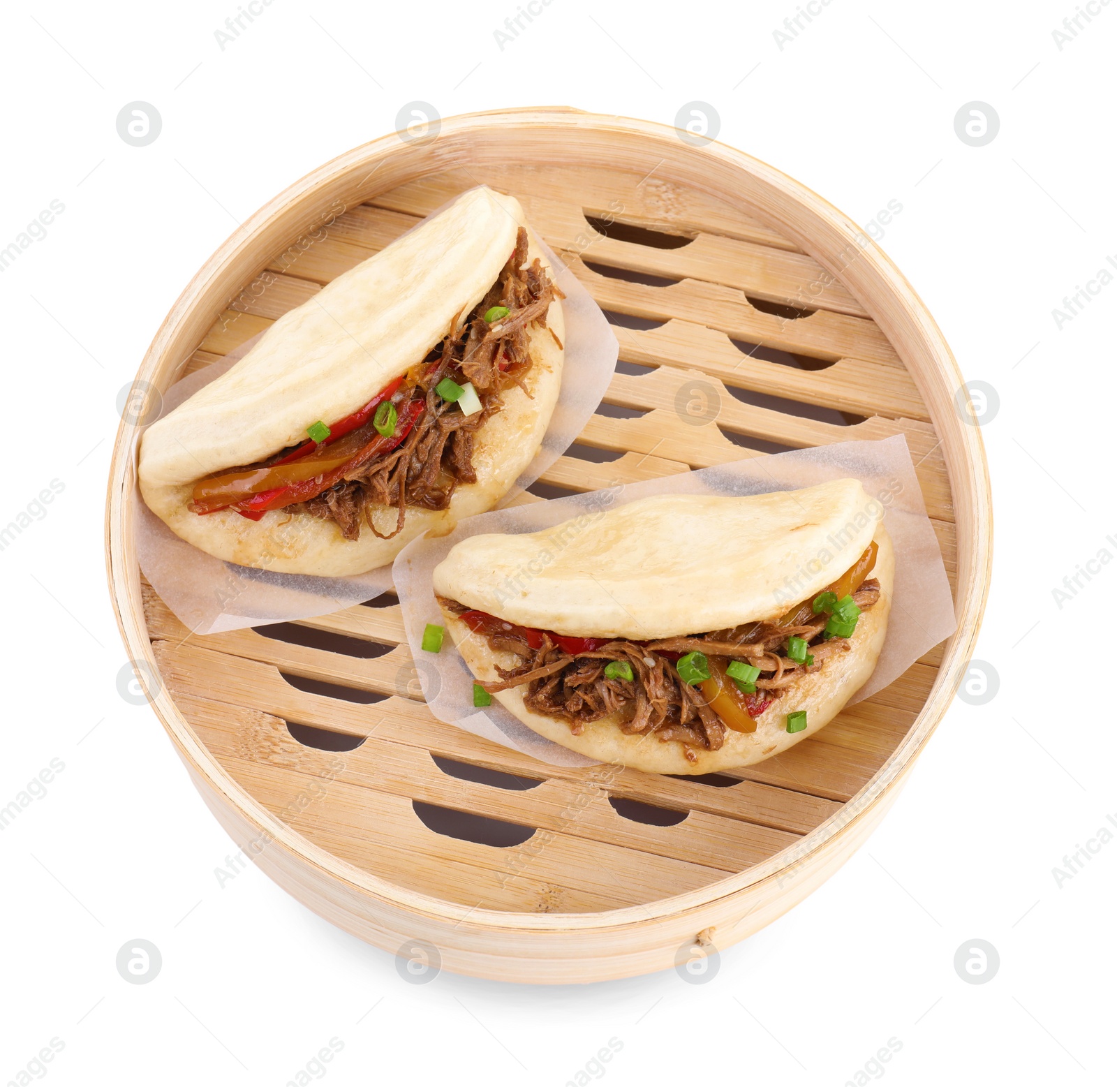 Photo of Delicious gua bao in bamboo steamer isolated on white, top view