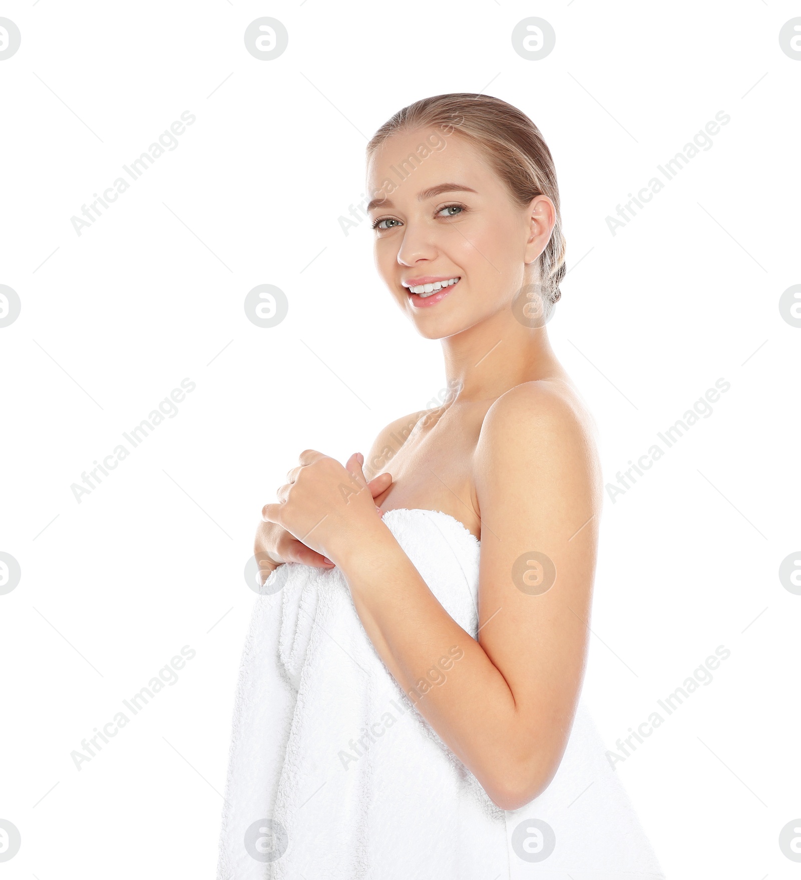 Photo of Portrait of young pretty woman with towel on white background